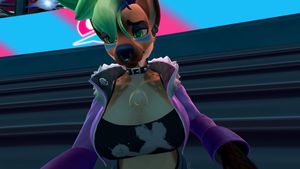 VRChat screenshot, a hyena exploring one of the stadiums from Pokémon Sword and Shield