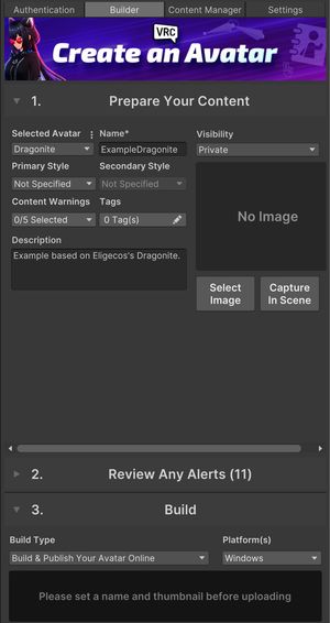 The first part of the builder tab, showing the options above