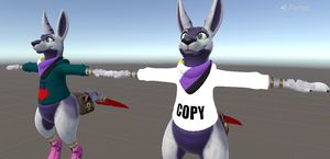 Unity screenshot, two kangaroos standing next to each other. one of them is wearing a green hoodie with a heart pattern, the other a pure white hoodie with the word 'COPY' written on it