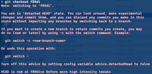 Screenshot of iTerm2, showing the warning when running 'git checkout f89d1' - and how to get out of this state.