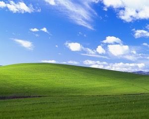 The Windows XP default wallpaper, known as bliss.jpg - depicting rolling, unreal looking hills under a blue sky.