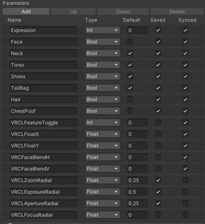 The expression parameters for an avatar using VRCLens.