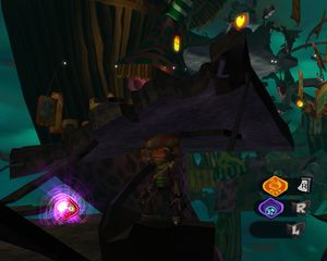 Screenshot of Psychonauts, with Clairvoyance in the Meat Circus