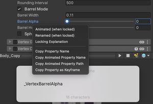 Right clicking on a property in Poiyomi showing the menu, with the property name '_VertexBarrelAlpha' in a notes window underneath.