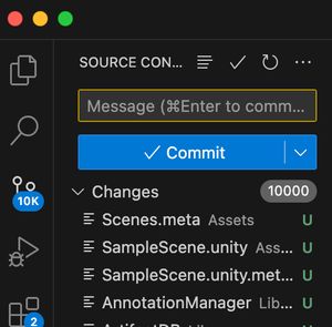 The Source Control panel of VSCode, showing 10,000+ changes