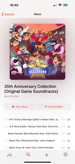 Screenshot of Fintunes, showing the Rare Anniversary Collection soundtrack, in alphabetical order