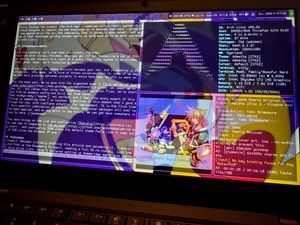 A ThinkPad X270 running Hyprland. Neovim is open on the left displaying the draft version of this article, hyfetch is displayed in the top right showing system specs, and Dearly Beloved from the Kingdom Hearts 2 soundtrack is in the bottom right. In the background is a dragon thwapping the viewer with its tail.