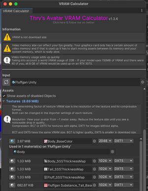 Unity screenshot, adjusting texture resolution using Thry's VRAM evaluator.