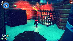 Screenshot of A Hat in Time, showing an Archipelago logo in a cage