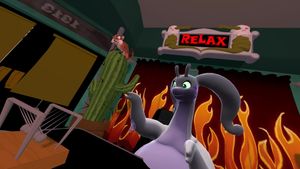 VRChat screenshot, a Goodra sitting in a therapist's office chair from Sam & Max Save The World