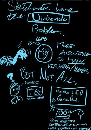 Screenshot of Apple Notes. Text: 'Sketchnotes have the Nintendo Problem. More accessible to many viewers/players but not all. Visuals: crude doodles of a Poké Ball being thrown at a Pikachu using Joy-Con motion controls, Lieutenant Geordi LaForge from Star Trek The Next Generation staring at a sketchnote with confusion, and a setup involving the Xbox Adaptive Controller plus adapters that has been thwarted by the game's insistence to use the Wii U GamePad'