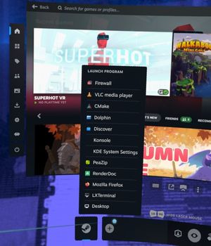 The Steam Frame quick access menu, with Firewall and CMake given prominent positions