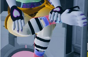 Cropped VRChat screenshot, a dragoness in a colourful outfit sitting on a companion cube with part of their leg missing.