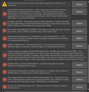Unity screenshot, the VRChat SDK showing an avatar that is showing warnings in every category.