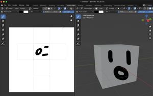 Screenshot of Blender - on the right, a 3D view with a cube with a crude face pointed on it. On the left, the UV map for this cube