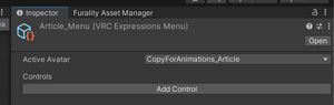 The Unity inspector after jut having created an Expressions Menu