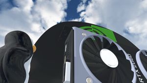 VRChat screenshot, the Linux mascot Tux looks up at a giant RTX 2060 and Nvidia logo.