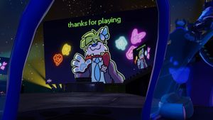VRChat screenshot, a green dog surrounded by friends giving you a 'Thanks for Playing' message