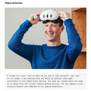 Screenshot of the linked blog post on LLaVA, featuring a picture of Mark Zuckerberg wearing a Meta Quest 3. The LLM generated text underneath only mentions physical descriptions.